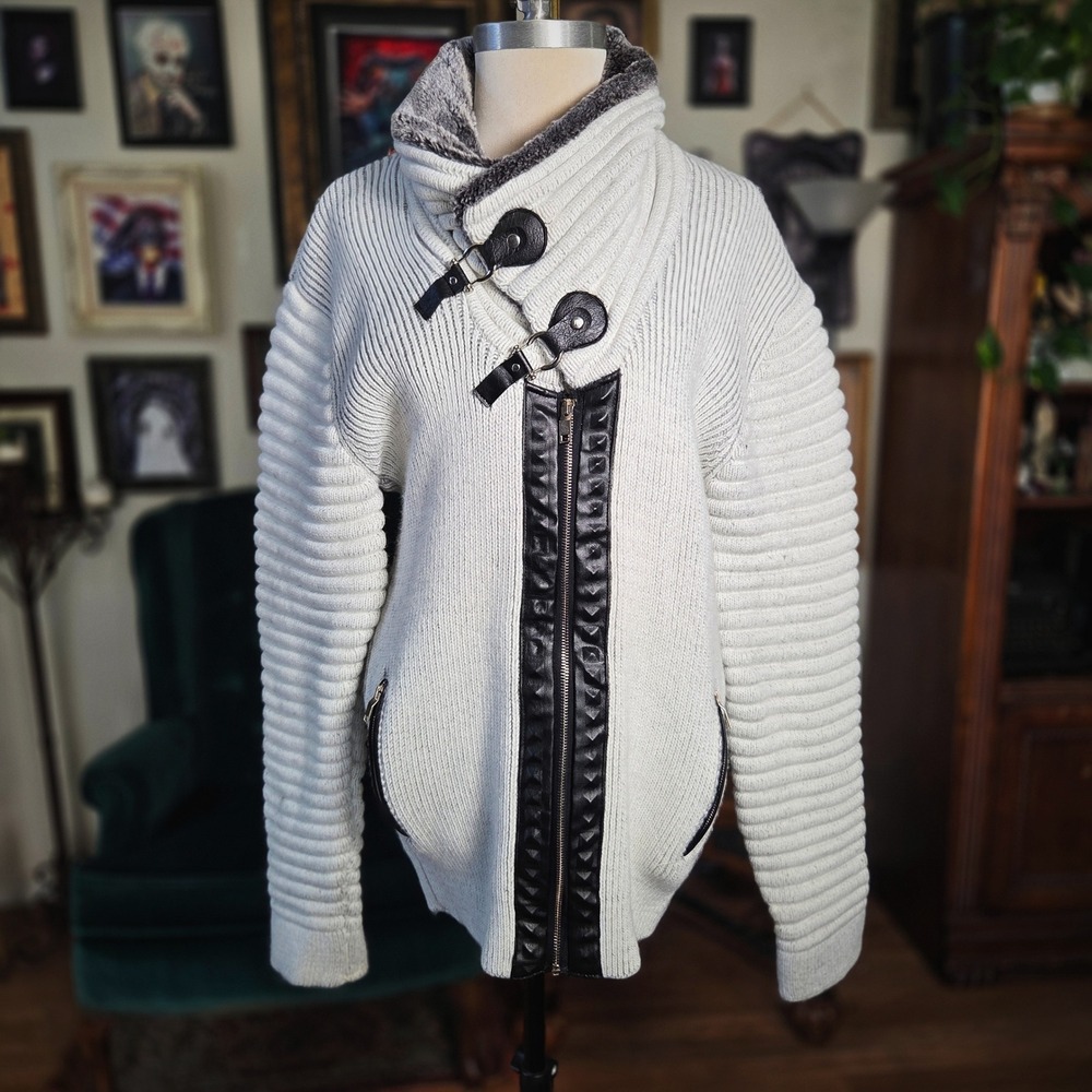 Vercini Mens Sweater 3XL Cream Ribbed Knit Faux Fur Collar Moto Buckle Full Zip